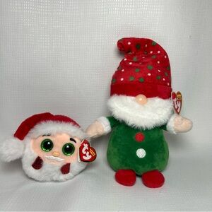 2 New Ty Beanie Plush GNOLAN the Christmas Holiday Gnome & Kris Santa Claus